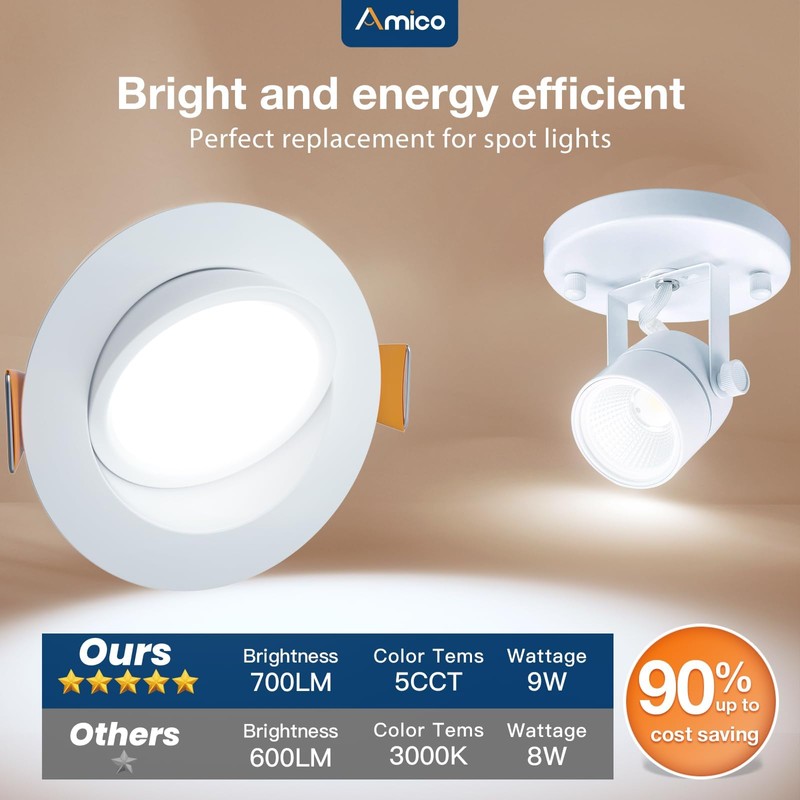 Amico 6 Pack 4 Inch 5CCT Gimbal LED Recessed Lighting,