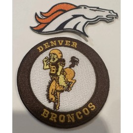 (2) DENVER BRONCOS VINTAGE STYLE EMBROIDERED IRON ON PATCHES  3"x 3” & 4”x 2”