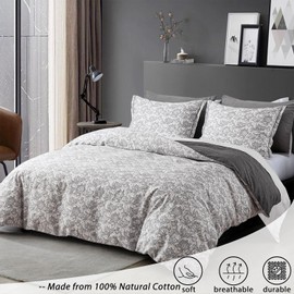 LEMIROE Vintage 100% Cotton Duvet Cover Queen Size,Grey & Taupe Paisley Floral Patterns on Grey, Luxrious Reversible Gray Bed Sets 3Pcs,Button Closure