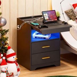JDPAG LED Night Stand with Lockable Gun Drawer,Smart Nightstand with Charging Station,Bedside Table with 3-Color Human Sensor Light via Touch Screen,End Table with USB&Type-C Ports,2 Drawers,Black