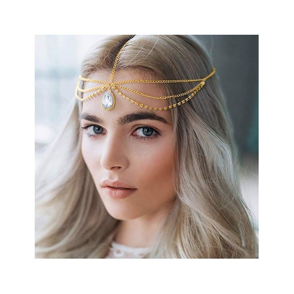 Campsis Festival Crystal Pendant Head Chain Gyspy Headpiece Layered Hair Accessories Jewelry for Women and Girls (Gold)