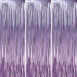 Voircoloria 3 Pack 3.3 x 6.6 ft Lavender Foil Fringe Backdrop Curtains, Tinsel Streamers Party Decorations, Fringe Backdrop for Birthday, Baby Shower, Gender Reveal, Graduation