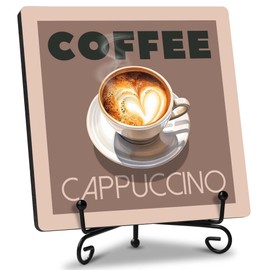 FUQWZ Cappuccino Coffee Sign - 5x5 Inch Wooden Plaque with Iron Stand - Coffee Decor for Home Café, Kitchen, Living Room. (031)