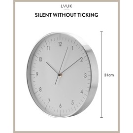 LUUK LIFESTYLE Modern wall clock without ticking, pure minimalist design, legible digits, home decor for living room, office, in white and silver