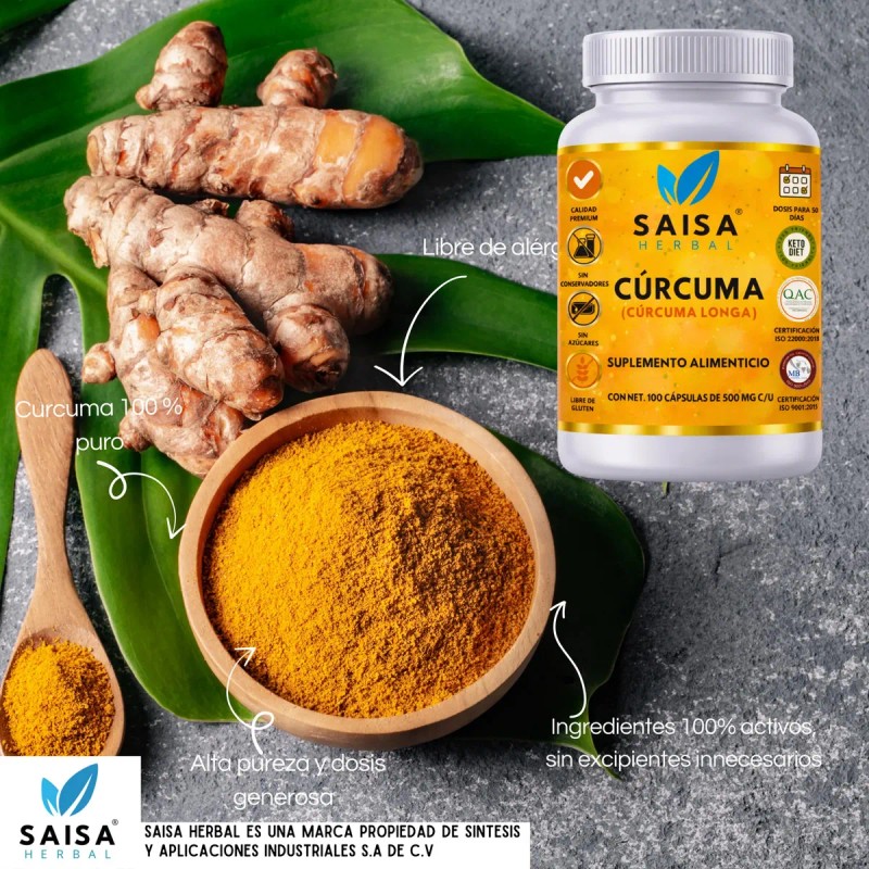 Cúrcuma Orgánica 100 Cápsulas Pura Suplemento Alimenticio Antiinflamatorio Natural Digestión