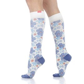 VIM & VIGR Cotton 15-20 mmHg Graduated Compression Socks (Cream & Periwinkle Forget-Me-Nots, Large/X-Large (3))