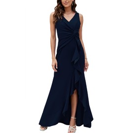 FQA - Vestidos largos de noche negros para mujer, vestidos formales para mujer, fiesta de noche, cuello en V, sin mangas, envoltura dividida, Azul marino, XL