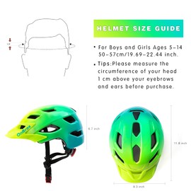 OnBros Kids Bike Helmet - Bike Helmet for 5-14 Boys or Girls with Visor, Children Bicycle Helmet for Skateboard Mountain Scooter Road Cycling, Lightweight and Adjustable 50-57CM (Green-1)