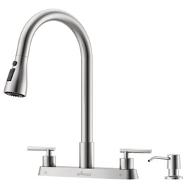 APPASO 2 Handle Kitchen Faucet with Sprayer, 4-Hole Kitchen Faucet with Pull Down Sprayer and Soap Dispenser, High Arc Stainless for 3 & 4 Hole RV Outdoor Sink, Brushed Nickel