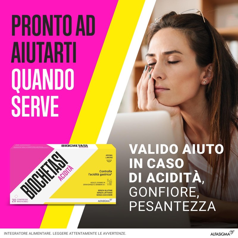 BIOCHETASI Acidità, Integratore Alimentare per Aiuto contro Pesantezza, Gonfiore e