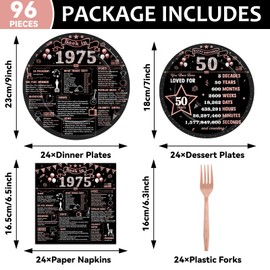 96Pcs 50th Birthday Plates and Napkins Back in 1975 Party Decorations Rose Gold 50 Year Old Party Dessert Plates 1975 Birthday Tableware for 24 Guests 50th Theme Men Woman Birthday Party Supplies