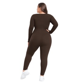 BLEVONH Women's Yoga Jumpsuits Ribbed Workout Rompers Square Neck Long Sleeve Bodysuits Full Length Plus size Brown XL