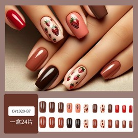 24Pcs Strawberry Press on Nails Cute Fake Nails Medium Square Acrylic Nails Summer False Nails Reusable Nail Press ons Medium Length Stick on Nails Full Cover Glue on Nails for Women Nail Art