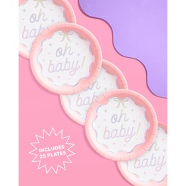 xo, Fetti Oh Baby Paper Plates - 25 pcs | Pink Baby Shower Decoration, Gender Reveal Party Tablescape, Mom to Be Dinner Setting, Girl Birthday Decor