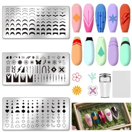 UNICRAFTALE 3 Piece Nail Stamp Set French Nail Stamp Plate French Line Lace Flowers Heart Picture Nail Stencils Nail Art DIY Stamp Template with Nail Scraper for Women Nail Design Tools