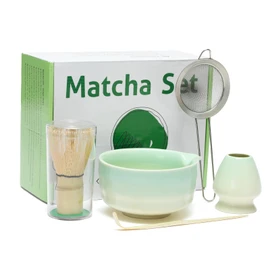 Japanese Matcha Whisk Set, Matcha Bowl with Spout, Matcha Whisk and Holder, Bamboo Matcha Scoop and Stainless Steel Sifter - 5 Pcs Gradient Green Matcha Kit for Matcha Lover