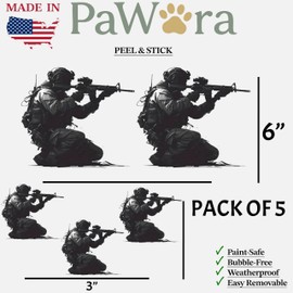 Military Sniper Sticker Pack of 5 – Tactical Infantry Shooter Vinyl Decals for Car, Laptop, Gun Safe, Helmet, Water Bottle – 2 at 6" and 3 at 3" – Removable Waterproof Army Soldier Silhouette