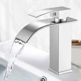 Minnhua Bathroom Waterfall Tap Stainless Steel Sink Mixer Tap Washbasin Mixer Tap with Spout Height 110 mm Single Lever Mixer Tap for Cold and Hot Water Chrome Silver