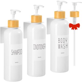 VITVITI Shampoo and Conditioner Dispenser, 3 Chamber Body Wash Shampoo Dispenser for Shower Wall, 17oz Refillable Plastic Pump Shower Bottle No Drill with Labels (White)