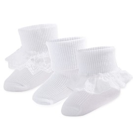 Baby Girl Socks Infant Eyelet Lace Ruffle Socks Turn Cuff Socks 3 Pairs Ankle Dress Sock for Toddler (Mix, 3-12 Months)