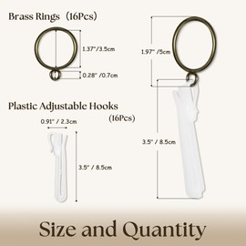 16 PCS Brass Golden Curtain Rings with Eyelet and 16 PCS Adjustable Plastic Curtain Hooks for Pinch Pleated Curtains Vintage Easy to Use for Window Curtain Rods Fits Up to 1.25 in Rod