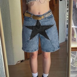 Star Patchwork Denim Shorts Mid Rise Long Jean Shorts Jorts Y2k Baggy Vintage Grunge Harajuku Streetwear, Blue, Small