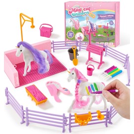 Lorfancy 28 Pcs Horse Stable Playset Toys Girls Toddlers Pretend Play Farm Animal Toy Kids DIY Painting Horses Figures Care Birthday Gift for 3 4 5 6 7 8 Years Old