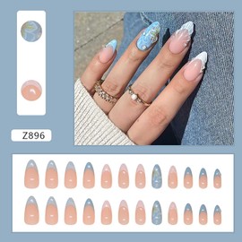 Rilafuvu Press on Nails Medium Fake Nails with 5D Striped Designs Glue on Nails Blue Ombre Nails Press ons Glossy Acrylic Nails Almond Flower Artificial Nails French Tip Press on Nail Nails