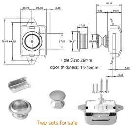 Vueinrg Pack of 2 Push Button Lock Cabinet Lock Catch 14-16 mm Push Lock Motorhome Metal Furniture Lock Locking Drawers Pressure Lock for Camping Yachts RV Caravan Boat (Silver)