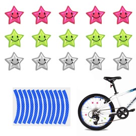 PFLYPF Pack of 15 Coloured Bicycle Spoke Clips, Stars with Reflectors, Bicycle Safety Accessories, Wheel Wire Clips, Night Bike Decoration Clips, with 1 Blue Reflective Bicycle Rim Sticker