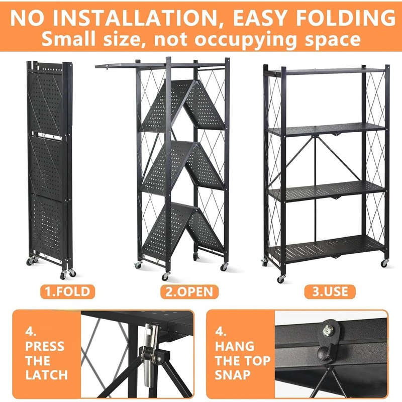 4 Tier Shelf Foldable Storage Shelf w/360° Movement Wheels, No