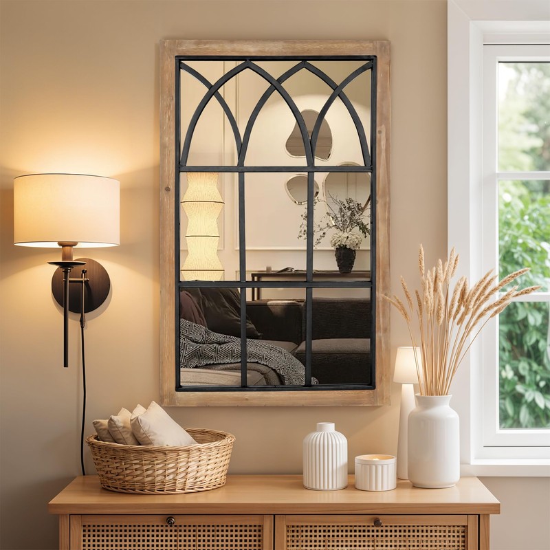 Oakrain Rustic Window Mirror for Wall Decor, 24”x37” Wood Frame