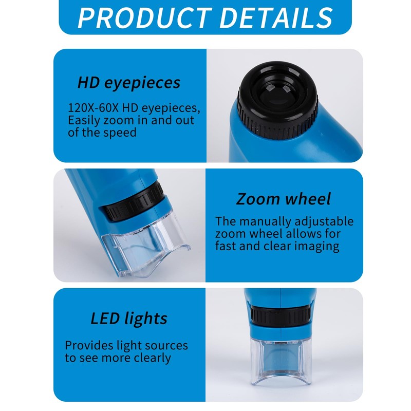 Gukasxi Kids Portable Microscope,60X - 120X Pocket Handheld Microscope Mini