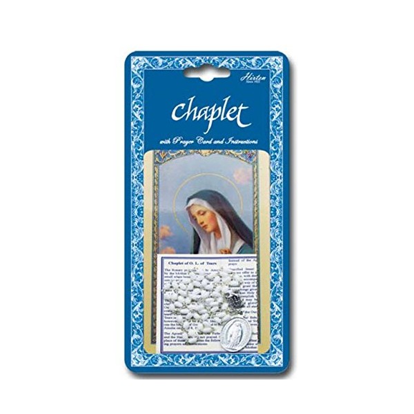 Our Lady of Tears Deluxe Chaplet with White Oval Beads Packaged with a Laminated Holy Card & Instruction Pamphlet. Comes 2 Chaplets to a pack