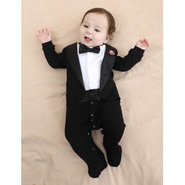 A&J DESIGN Baby Tuxedo Boy Infant Formal Birthday Footie Outfit with Bow Tie, Black, Newborn