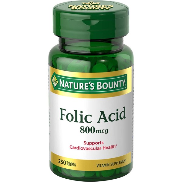 Nature's Bounty Folic Acid Supplement, Supports Cardiovascular Health, 800mcg, Tablet 250 Count(Pack of 3)