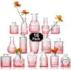 Arme 16 Pcs Bud Vase Set, Pink Vases for Centerpieces, Cute Glass Bud Vases in Bulk, Small Vases for Flowers, Mini Vase Set for Wedding Decorations, Home Table Flower Décor
