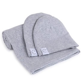 Ely's & Co. Cotton Knit Jersey Swaddle Blanket and 2 Beanie Gift Set, Large Receiving Blanket - Heather Grey