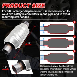 UNITHUB Universal Catalytic Converter 2.5 Inch 2.5" Inlet/Outlet Cat Converter with Heat Shield and Oxygen Sensor Port High Flow Front 15 Inch Stainless Steel Direct Replacement (EPA Compliant)