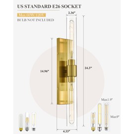 Brushed Gold Wall Sconces Set of 2, HWH 2 Light Vanity Light Bar, 24-Inch Bathroom Vanity Lights Over Mirror Wall Mounted Vertical and Horizontal, 5HY104B-2W-2PK BG