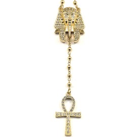 GWOOD Pharaoh with Ankh Rosary Style Pendants 31 Inch Long Necklace (GOLD COLOR)