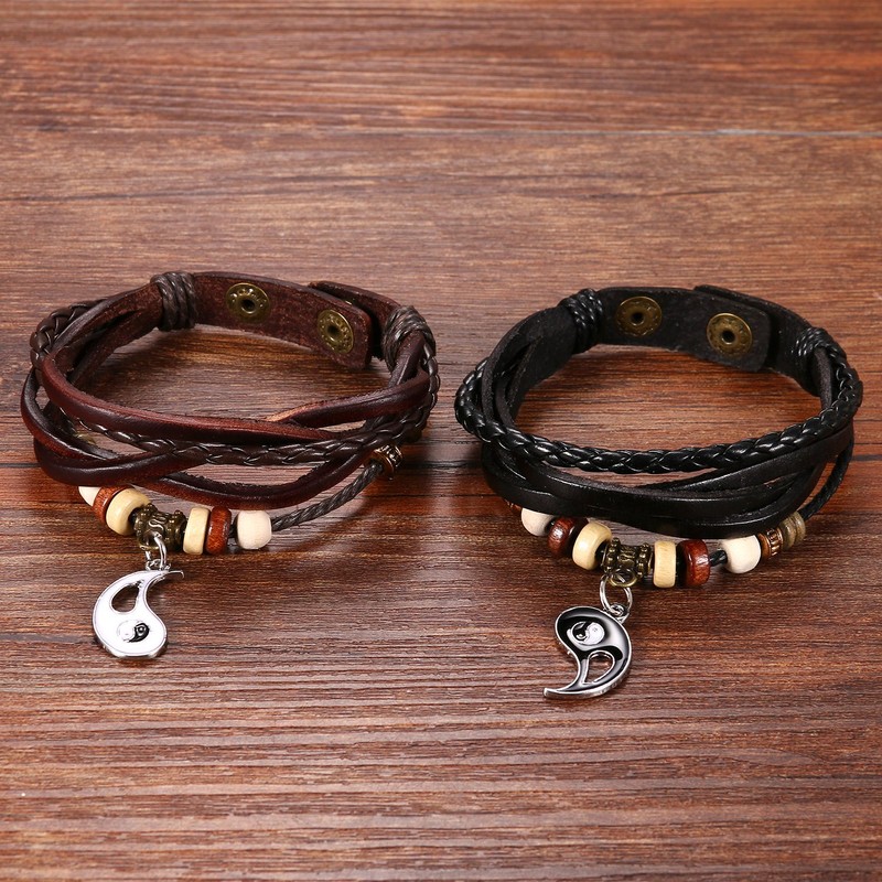 Cupimatch 2PCS Yin Yang Puzzle Matching Couples Leather Bracelet Bangle