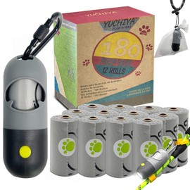 Dog Waste Bags Holder with LED Flashlight Doggie Poop Bags Dispenser with 13 Rolls Leak-Proof Pet Trash Bags Rechargable USB Cable (Grey)