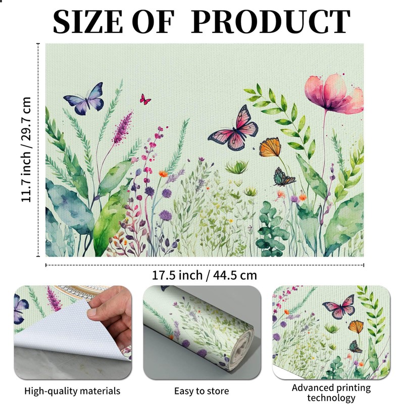 Vinyl Butterfly Floral Green Placemats - Set of 4, Heat
