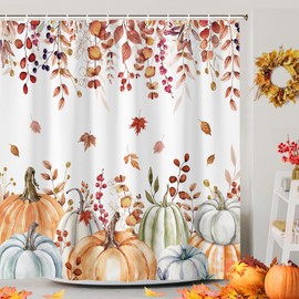 Fall Pumpkin Boho Shower Curtain, Farmhouse Autumn Eucalyptus Leaves Thanksgiving Harvest Shower Curtain, Cute Fall Seasonal Bathroom Curtain Yellow Teal Fall Bath Accessories with Hooks,72"X72"