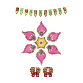 Acrylic Pnk Floor Rangoli Combo Diwali Toran with Red Laxmi Charan Paduka Pagal | Floor Wall Stickers Indian Puja Diwali Festival Decorations Home Temple Decor Gift – CMB-04