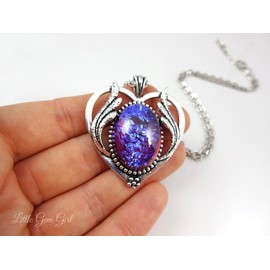 Little Gem Girl Synthetic Large Mexican Opal Heart Necklace Czech Glass Fire Dragons Breath Art Deco Pendant Silver 20 Inch Chain, Adult Women Jewelry