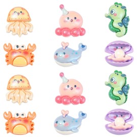 KitBeads 30Pcs 6 Styles Sea Animal Cabochons Resin Ocean Flatback Cabochons Glitter Whale Crab Seashell Cabochons for Jewelry Making Craft Decorations