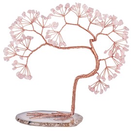 mookaitedecor Natural Rose Quartz Crystal Tree with Agate Slice Base, Feng Shui Money Tree Bonsai Sculpture for Home Office Altar Table Decoration 7-8 Inch