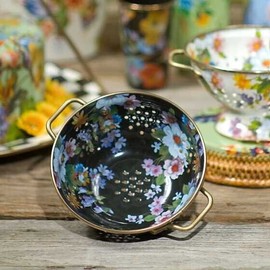 MacKenzie Childs Colander Flower Market  Enamel Small Strainer 8x3.75” Black NEW